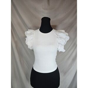 Zara Solid White Ruffle Sleeve Ruched & Ribbed Crop Top Sz Small
